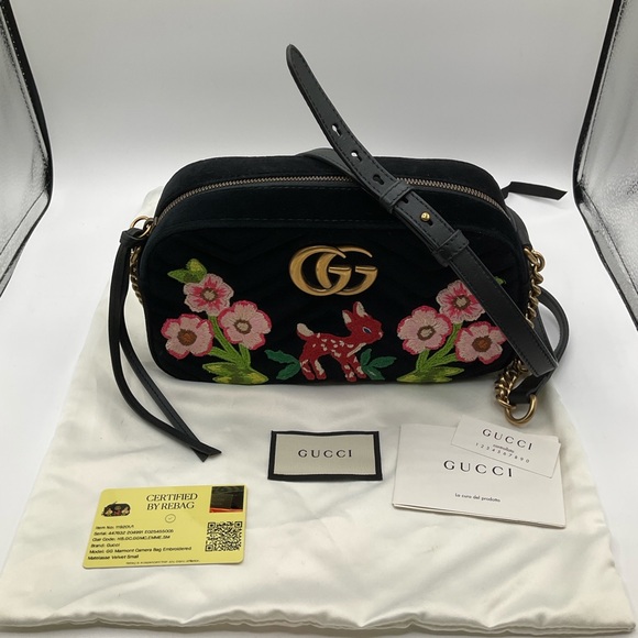 Gucci GG Marmont Matelasse Deer Embroidered Black Velvet Shoulder Camera Bag - Picture 1 of 14